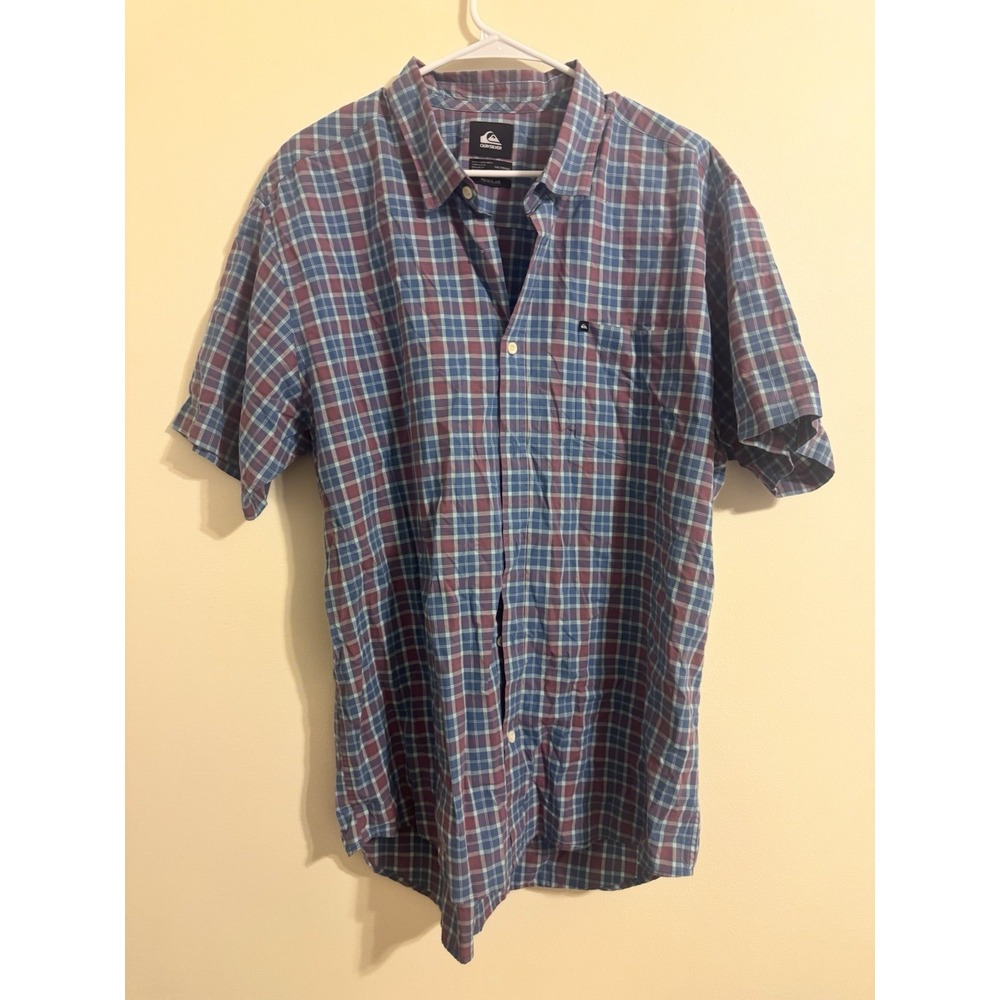 Quicksilver‎ Shirt Mens 2XL Tailored Fit Blue Plaid Waterman Hawaiian Aloha